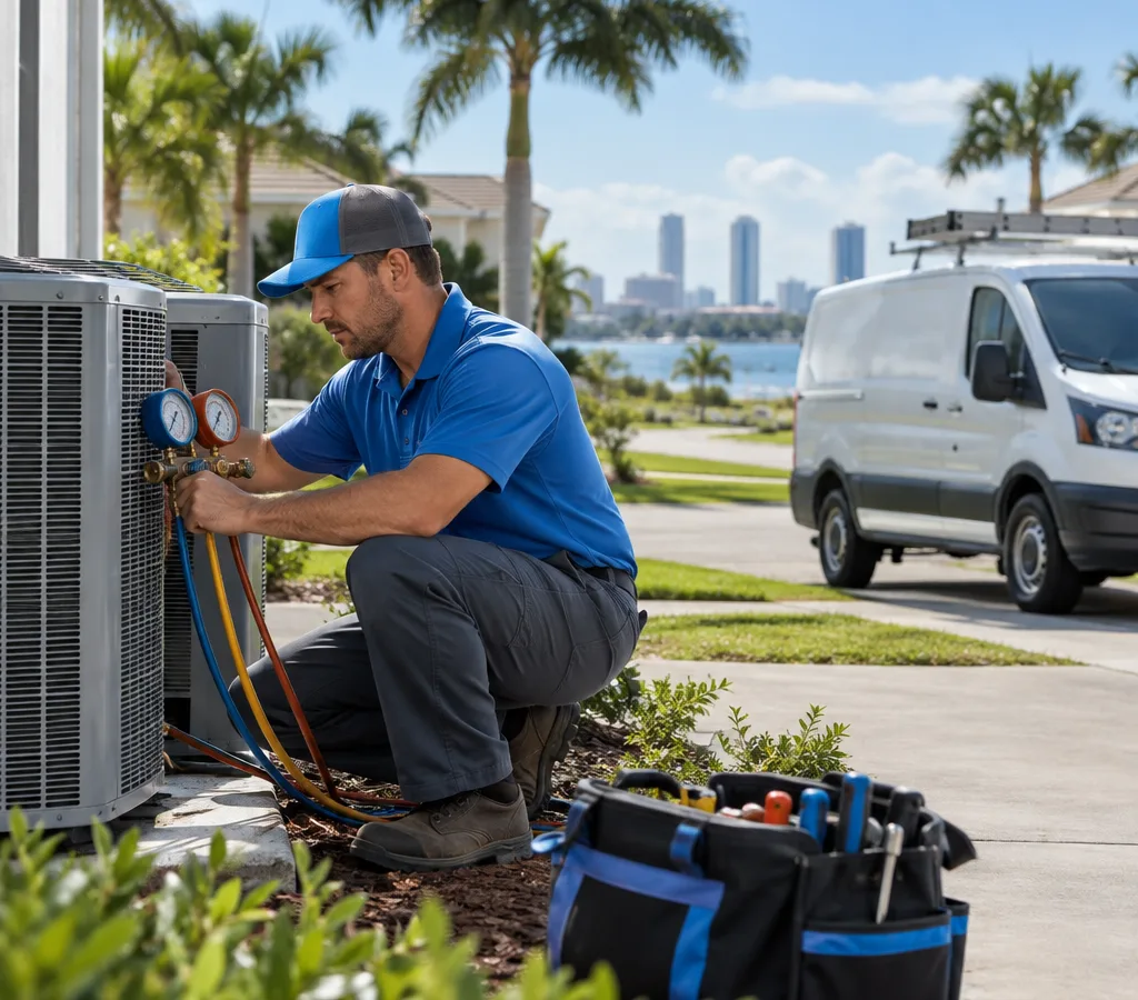 HVAC technician servicing a central AC condenser in a Tampa driveway