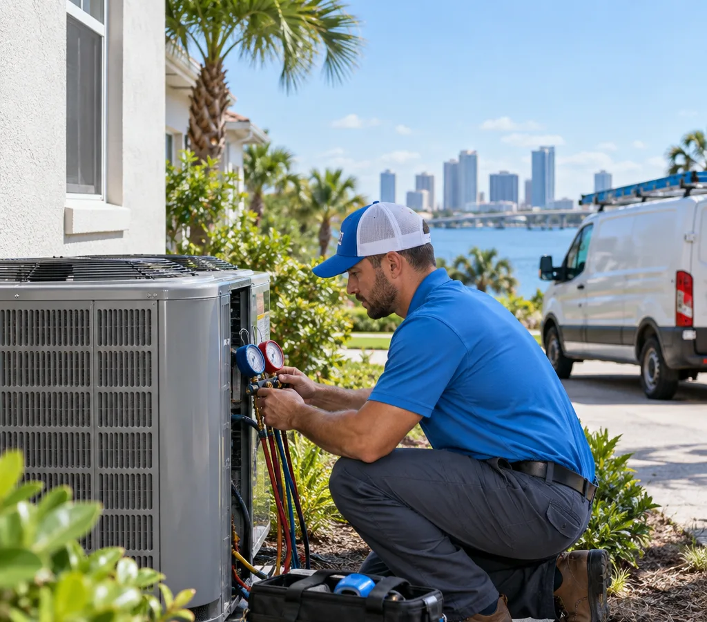 Certified HVAC technician servicing an outdoor condenser and checking gauges outside a Tampa home