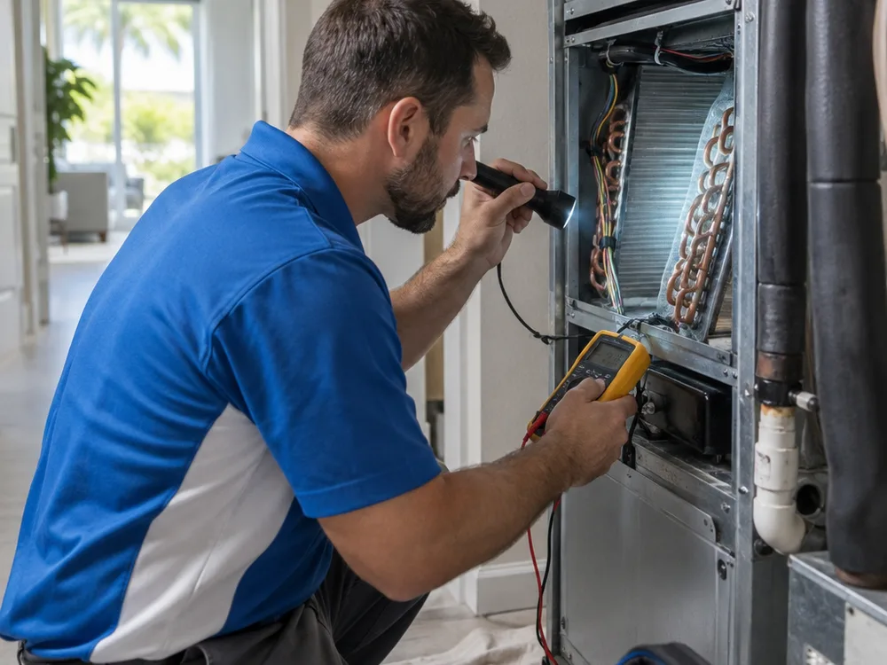 Technician inspecting an indoor air handler with a flashlight and multimeter