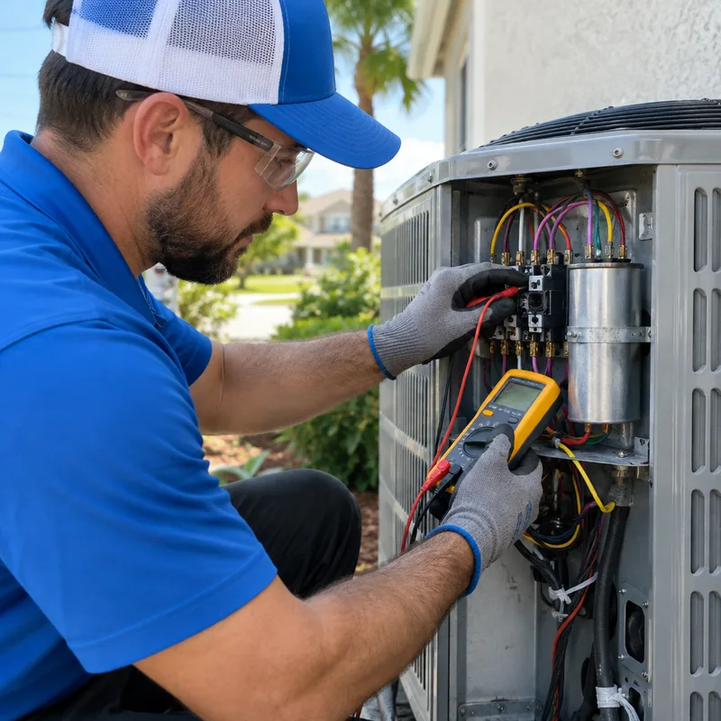 Technician safely inspecting a condenser electrical compartment with a multimeter