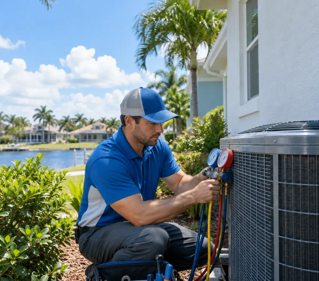 Technician servicing an outdoor condenser at a Tampa home with gauges and tools visible