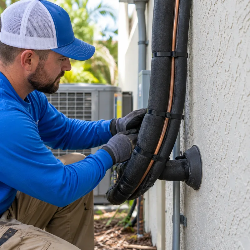 Properly strapped and insulated refrigerant lineset with clean bends and a sealed wall penetration