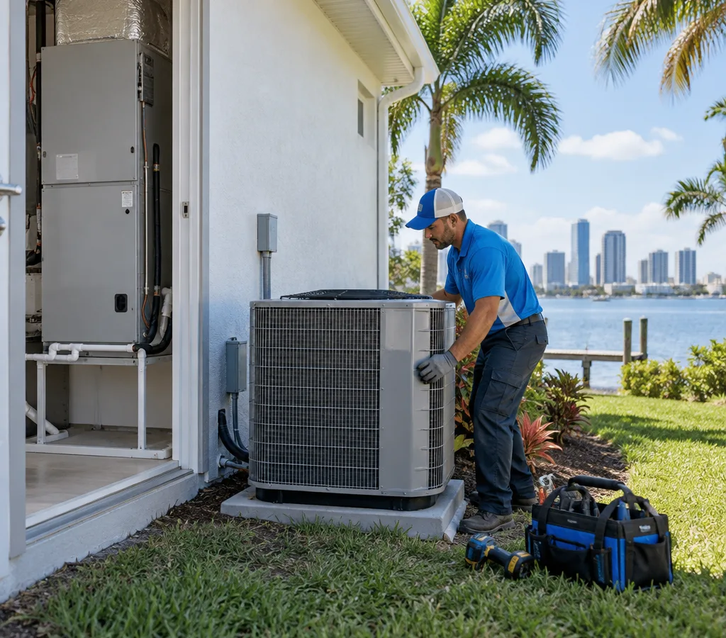 HVAC installer setting a new outdoor AC condenser beside a Tampa-area home with an indoor air handler staged nearby