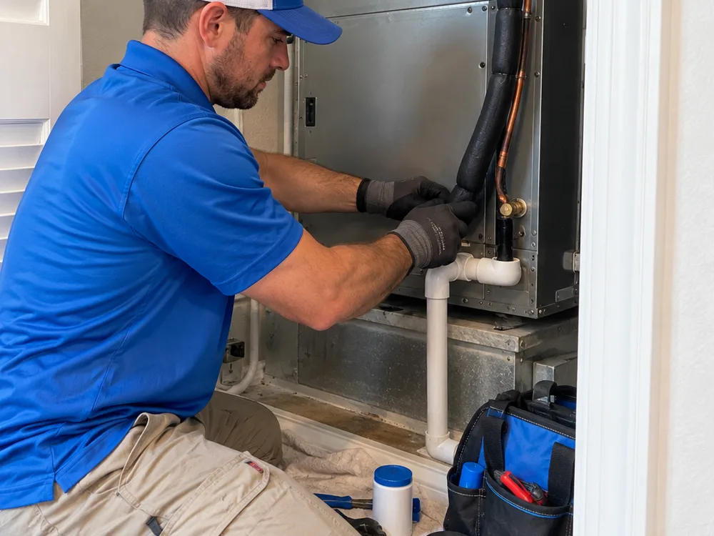Technician connecting and insulating refrigerant lines and installing a condensate drain at an indoor air handler