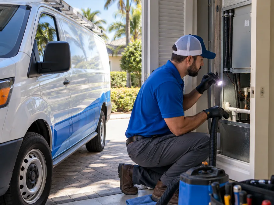 Technician inspecting an indoor air handler and clogged condensate drain line