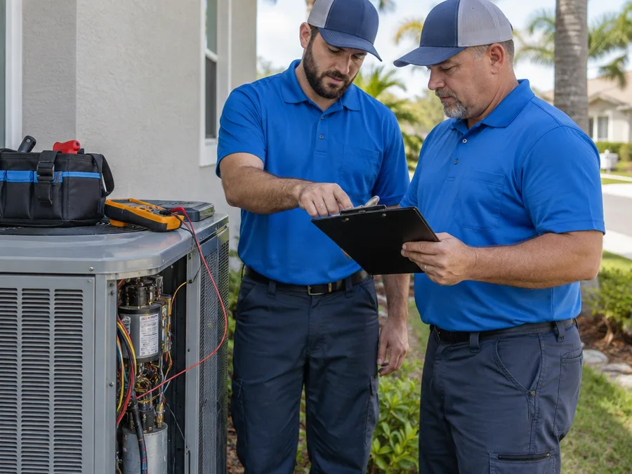 Two HVAC technicians reviewing a diagnostic checklist beside an open condenser